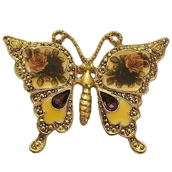 1928 Brand Purple Rhinestone Butterfly Rose Flower Pin, Victorian Theme - Picture 1 of 8